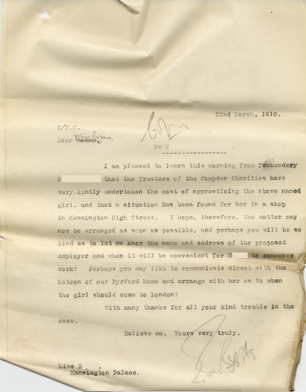 Large size image of Case 8587 28. Copy letter to Miss B. asking her to arrange for E. to begin her apprenticeship  22 March 1910
 page 1