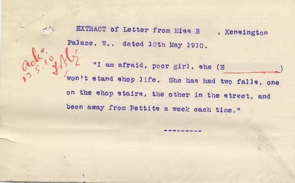 Large size image of Case 8587 34. Extract of a letter from Miss B. mentioning that E. has had two falls  12 May 1910
 page 1