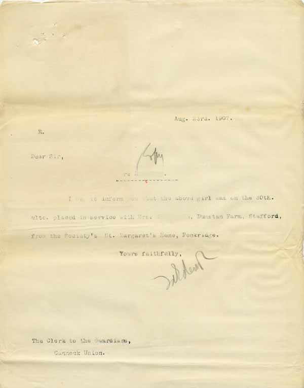 Large size image of Case 8625 8. Copy letter to the Cannock Union informing them that E. had been placed in service in Stafford  23 August 1907
 page 1