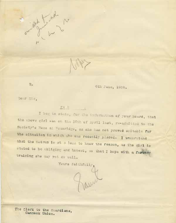 Large size image of Case 8625 11. Copy letter to the Cannock Union informing them that E. had lost her position  4 June 1908
 page 1