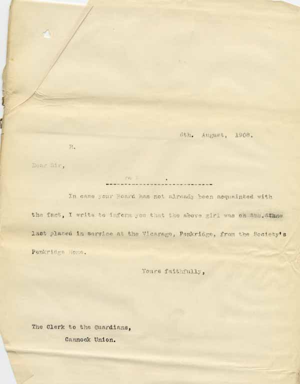Large size image of Case 8625 13. Copy letter to the Cannock Union informing them that E. was working at Penkridge Vicarage  6 August 1908
 page 1