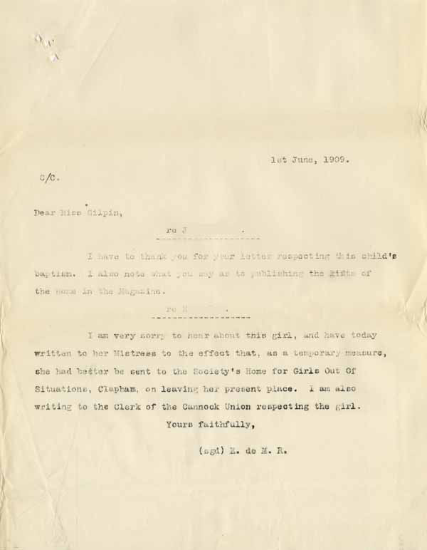 Large size image of Case 8625 15. Copy letter from Revd Edward Rudolf re above letter  1 June 1909
 page 1