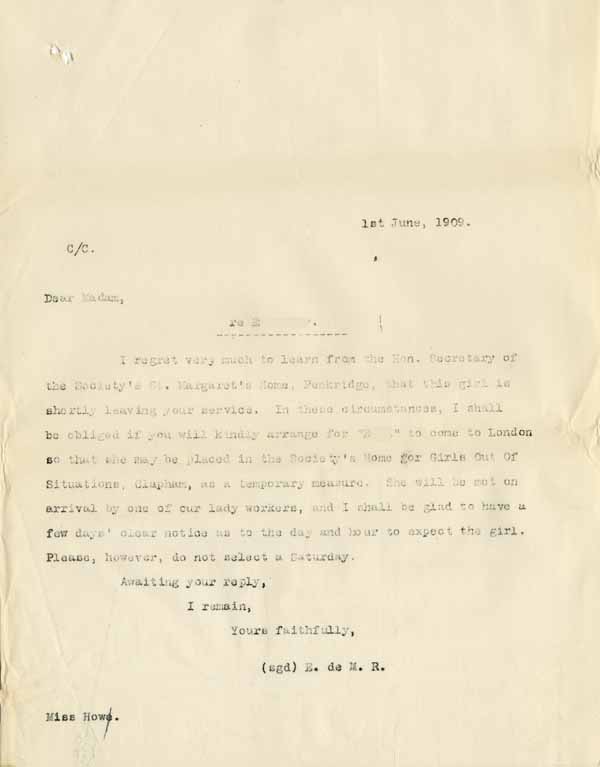 Large size image of Case 8625 16. Copy letter from Revd Edward Rudolf to E's employer  1 June 1909
 page 1