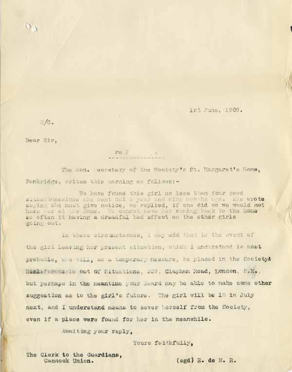 Large size image of Case 8625 17. Copy letter from Revd Edward Rudolf to the Cannock Union  1 June 1909
 page 1