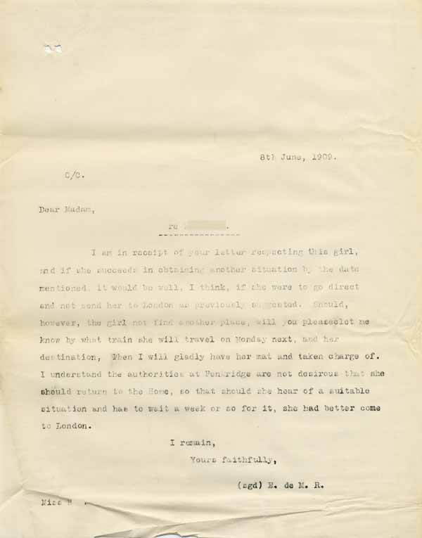 Large size image of Case 8625 19. Copy letter from Revd Edward Rudolf to E's employer concerning travel arrangements to London  8 June 1909
 page 1
