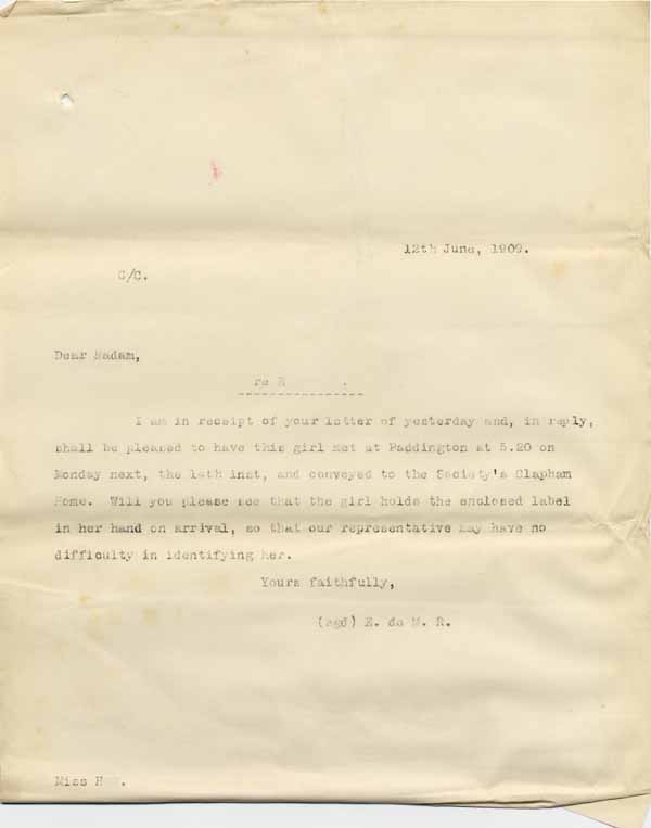 Large size image of Case 8625 22. Copy letter from Revd Edward Rudolf replying to E's employer  12 June 1909
 page 1