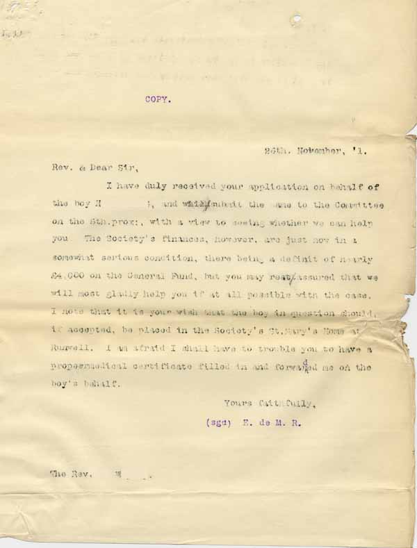 Large size image of Case 8645 3. Copy letter from Revd Edward Rudolf about H's application  26 November 1901
 page 1