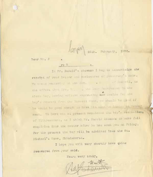 Large size image of Case 8645 9. Copy letter written on behalf of Revd Edward Rudolf to Mr Jackson discussing procedure in H's case  26 February 1902
 page 1