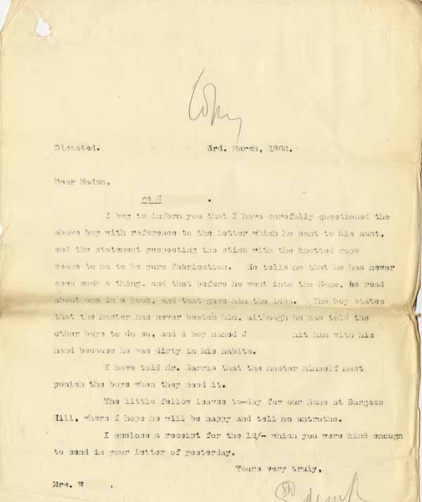 Large size image of Case 8645 16. Copy letter from Revd Edward Rudolf to Mrs W. giving his conclusions on H's complaints  3 March 1902
 page 1