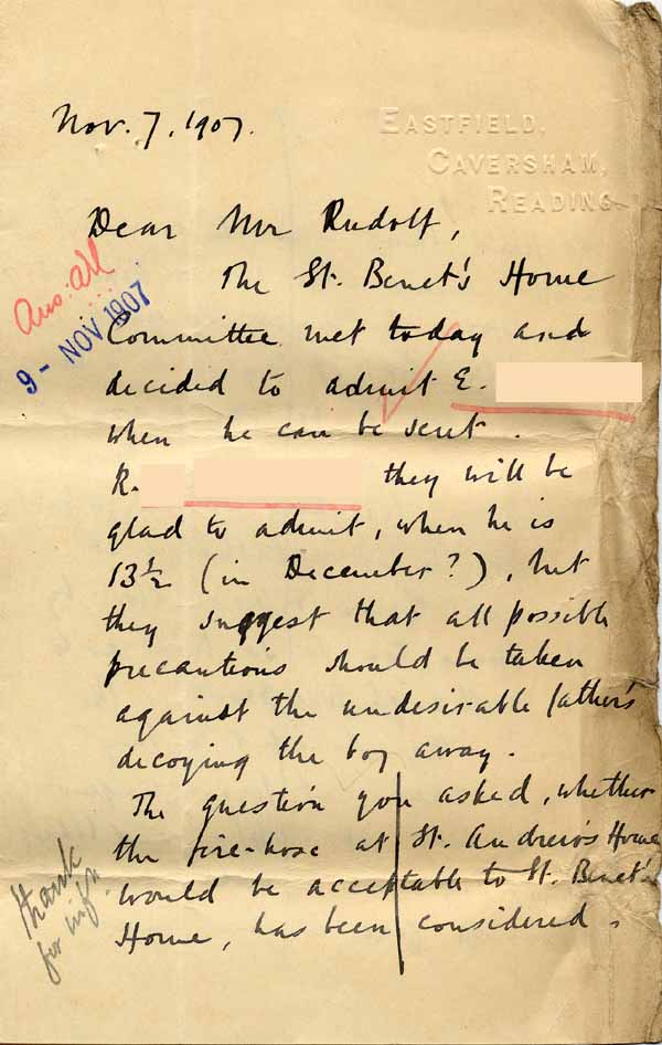 Large size image of Case 8645 18. Letter from Mr Powell of St Benet's Home to Revd Edward Rudolf about H's proposed removal to learn cabinet making and his possible bright prospects if allowed to continue with his education  7 November 1907
 page 1