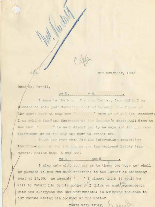 Large size image of Case 8645 19. Copy letter from Revd Edward Rudolf to Mr Powell of St Benet's Home arranging to meet him to discuss H.  9 November 1907
 page 1