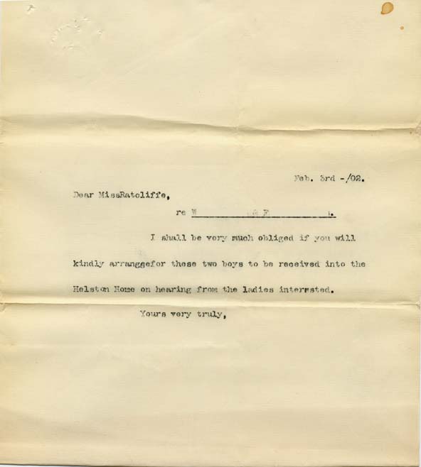 Large size image of Case 8723 9. Copy letter to Miss Ratcliffe  3 February 1902
 page 1