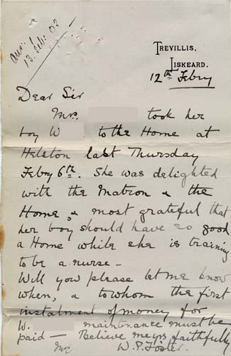 Large size image of Case 8723 10. Letter from Miss Foster following W's arrival at the the Helston Home  12 February 1902
 page 1