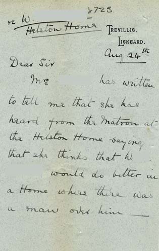 Large size image of Case 8723 12.  Letter from Miss Foster passing on the news that W. would do better under the control of a master  24 August 1902
 page 1
