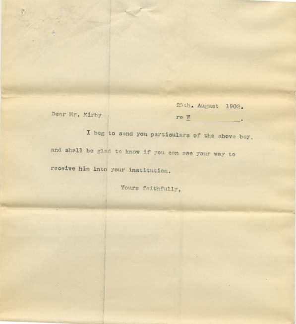 Large size image of Case 8723 15. Copy letter to Mr Kirby of the Pimlico House Boy Brigade  25 August 1902
 page 1