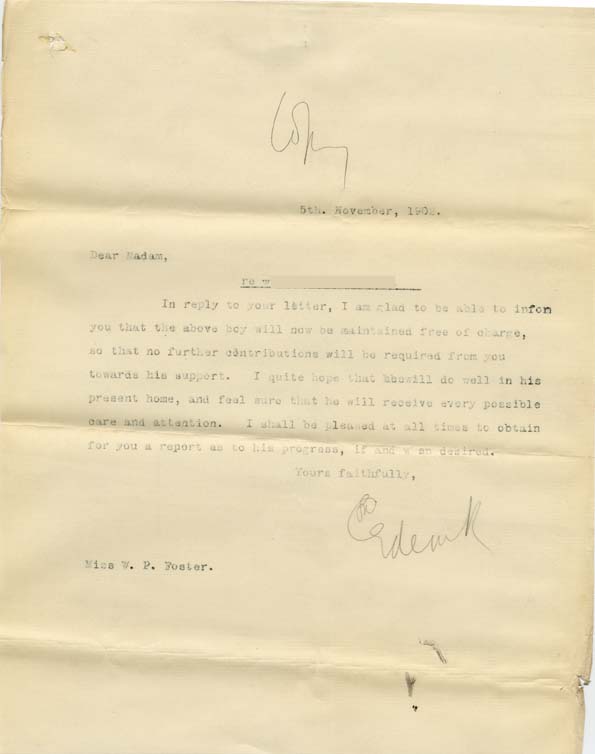 Large size image of Case 8723 19. Copy letter to Miss Foster informing her that W. will be maintained free of charge  5 November 1902
 page 1