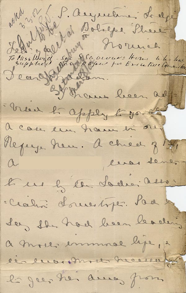Large size image of Case 8790 2. Letter from Sister Laura of the Norwich Refuge  Feb/Mar 1902
 page 1