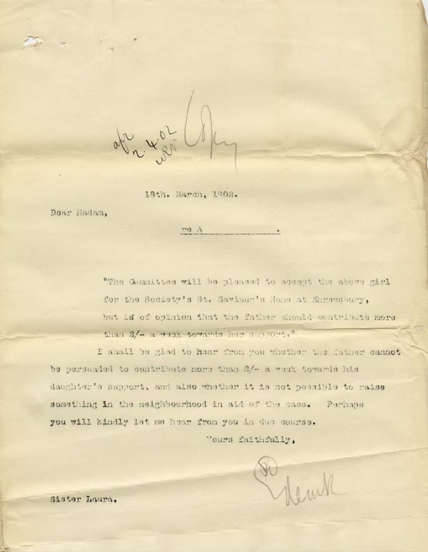 Large size image of Case 8790 4. Copy letter from Revd E. Rudolf requesting that the parents contribute more than 2 shillings a week  18 March 1902
 page 1