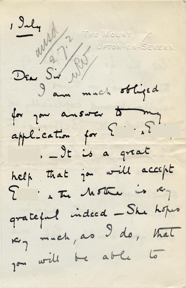 Large size image of Case 9059 2. Letter from Mrs C. H. Pode expressing pleasure that the Society will accept E.  1 July 1902
 page 1