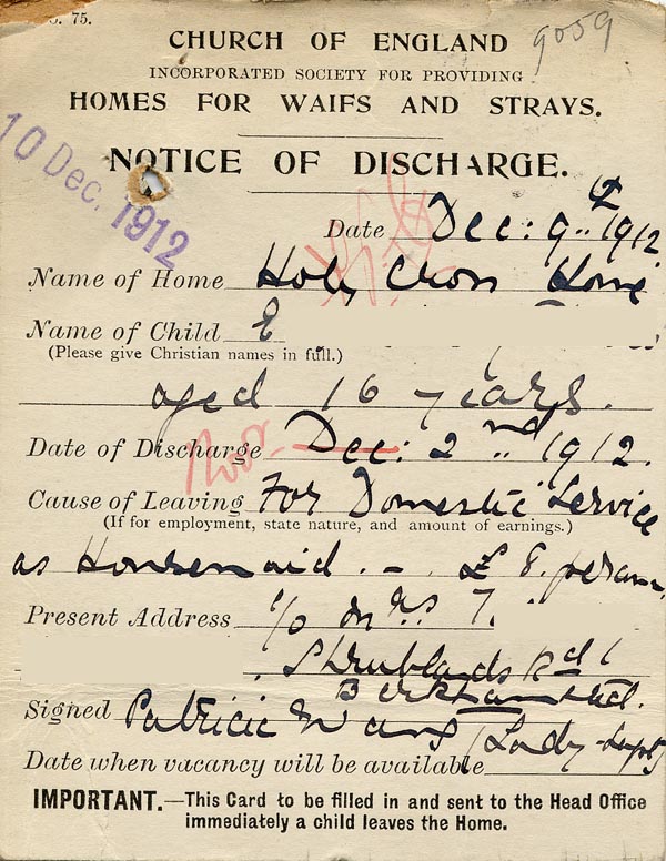 Large size image of Case 9059 3. Notice of discharge  9 December 1912
 page 2