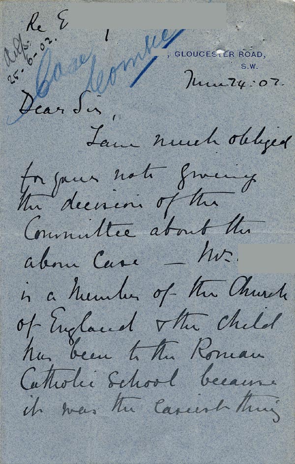 Large size image of Case 9126 4. Letter from Miss J. saying that E's mother was a member of the Church of England and giving more details of the case  24 June 1902
 page 1