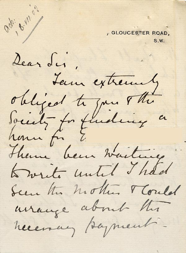 Large size image of Case 9126 6. Letter from Miss J. discussing the maintenance payment  18 July 1902
 page 1