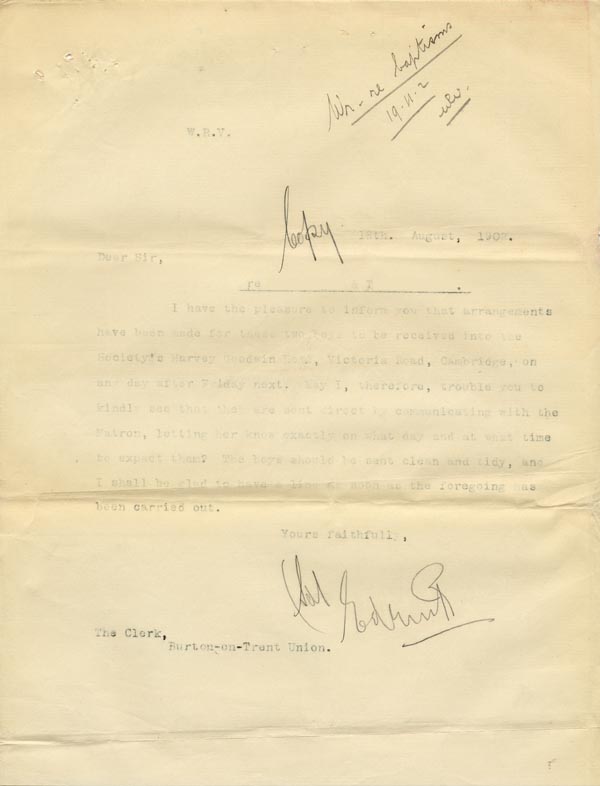 Large size image of Case 9146 2. Copy letter about T's admission to the Cambridge Home  18 August 1902
 page 1