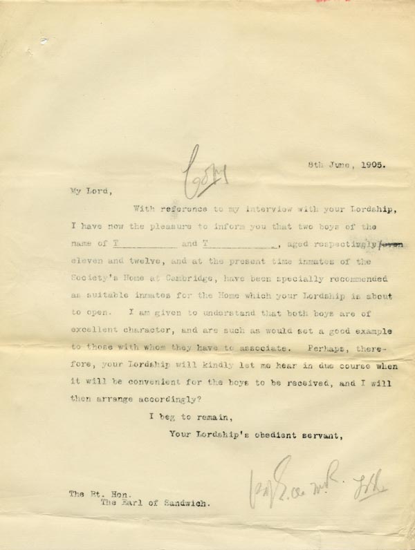 Large size image of Case 9146 5. Copy letter to the Earl of Sandwich about boys recommended for his Home  8 June 1905
 page 1