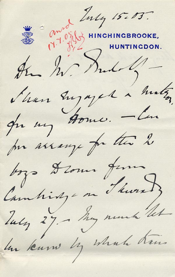 Large size image of Case 9146 6. Letter from the Earl of Sandwich about the arrangements for receiving the boys from Cambridge  15 July 1905
 page 1