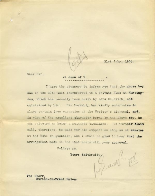 Large size image of Case 9146 9. Copy letter to the Burton-upon-Trent Union informing them that T. had gone to Lord Sandwich's Home  31 July 1905
 page 1