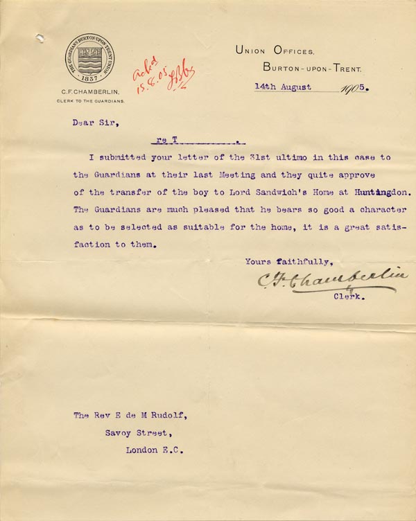 Large size image of Case 9146 10. Letter from the Burton-upon-Trent Union  14 August 1905
 page 1