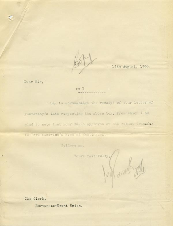 Large size image of Case 9146 11. Copy letter acknowledging the letter from the Burton-upon-Trent Union  15 August 1905
 page 1