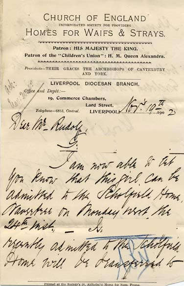 Large size image of Case 9279 7. Letter from the Liverpool Branch of the Waifs and Strays' Society arranging for G's admission to the Scholfield Home  19 November 1902
 page 1