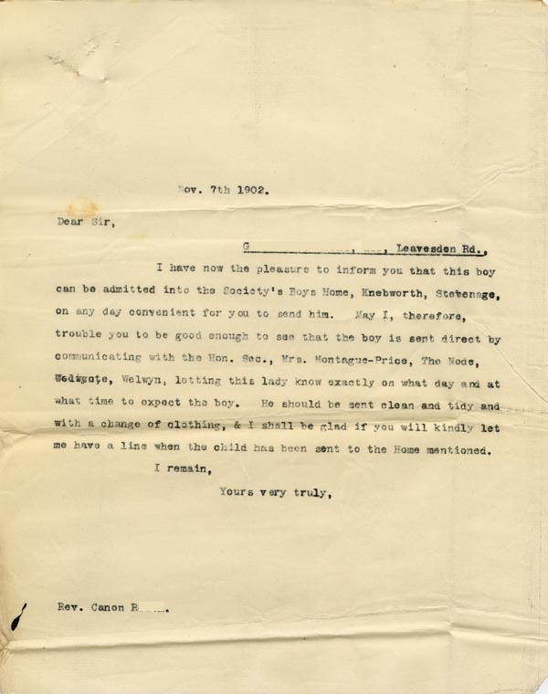 Large size image of Case 9288 4. Copy letter giving news that G. was to be admitted to the Knebworth Home  7 November 1902
 page 1