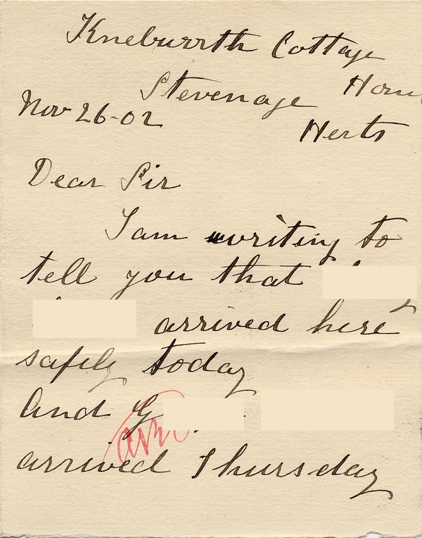 Large size image of Case 9288 6. Letter from the Matron of the Knebworth Home acknowledging G's arrival on 20 November  26 November 1902
 page 1