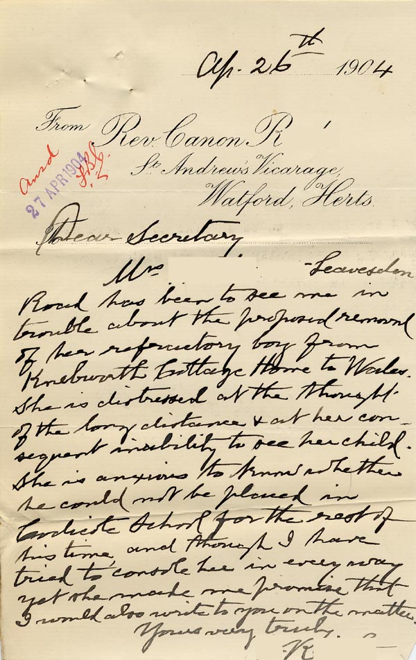 Large size image of Case 9288 7. Letter from Revd R. concerning G's mother's distress at the child's proposed move to Dolgellau  26 April 1904
 page 1