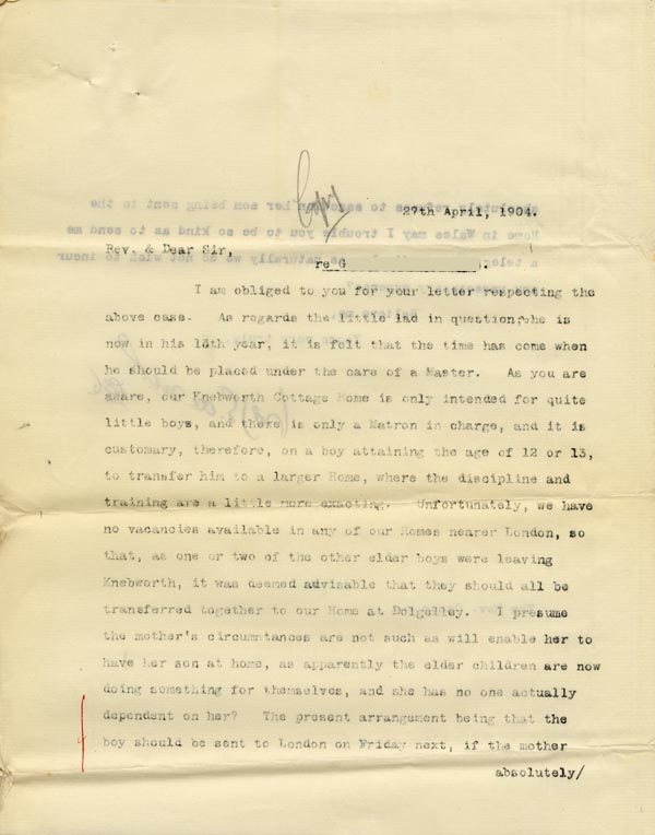 Large size image of Case 9288 8. Copy letter from Revd Edward Rudolf concerning G's case  27 April 1904
 page 1