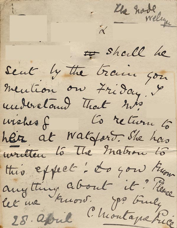 Large size image of Case 9288 9. Card from C. Montague-Price about G's return to his mother  28 April 1904
 page 2