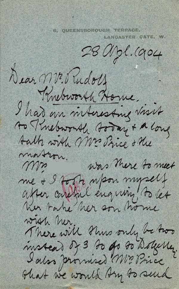 Large size image of Case 9288 10. Letter from Mr Wakefield mentioning his decision to allow G's mother to remove her son from the Knebworth Home  28 April 1904
 page 1
