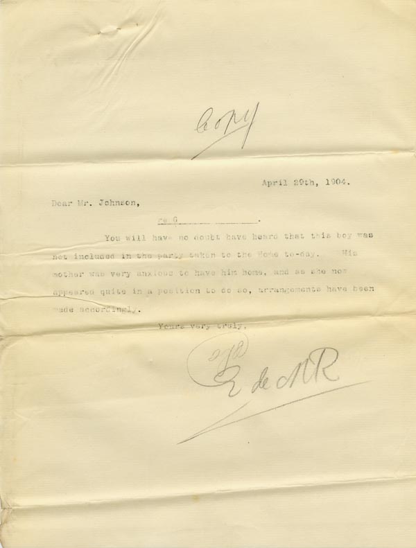 Large size image of Case 9288 11. Copy letter from Revd Edward Rudolf about G's discharge  29 April 1904
 page 1