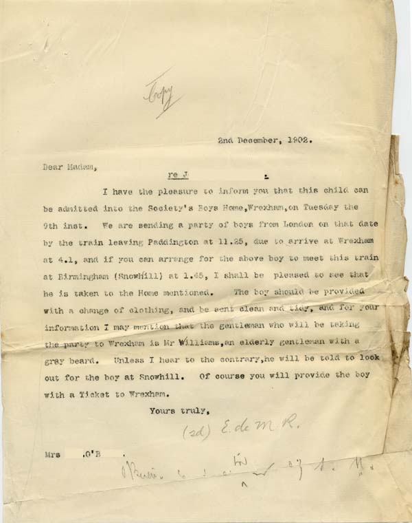 Large size image of Case 9308 6. Copy letter from Revd Edward Rudolf stating that J. was to go to the Wrexham Home  2 December 1902
 page 1