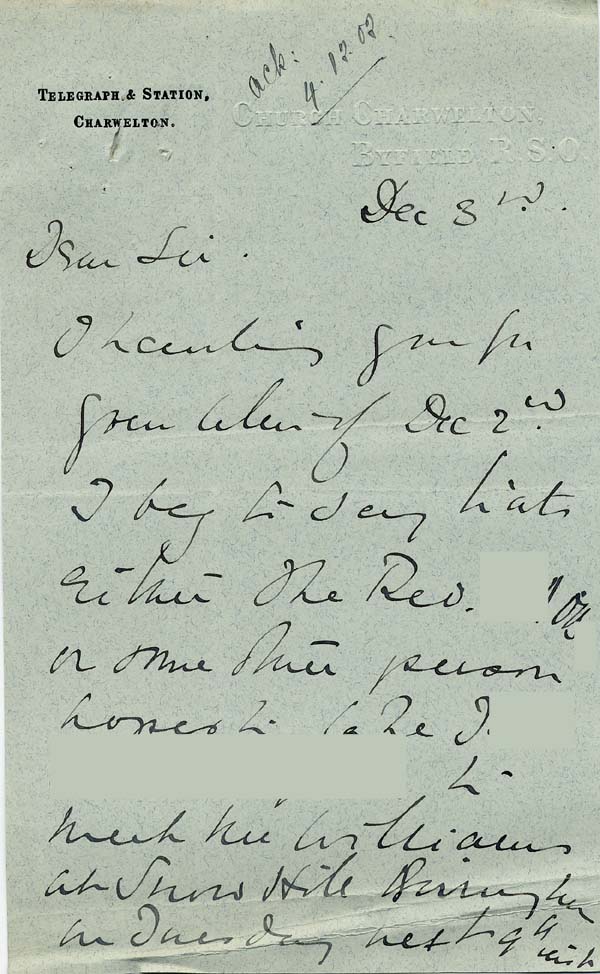 Large size image of Case 9308 7. Letter from Mrs O'B. about travel arrangements  3 December 1902
 page 1