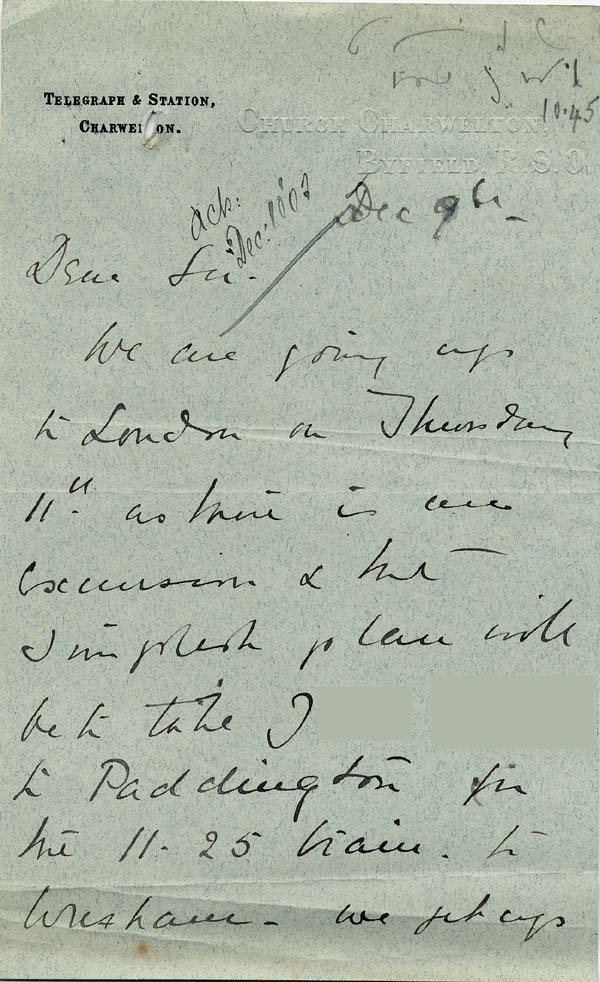 Large size image of Case 9308 9. Letter from Mrs O'B. about travel arrangements  9 December 1902
 page 1