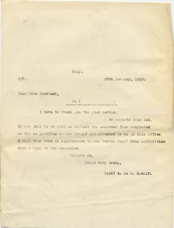 Large size image of Case 9308 11. Copy letter from Revd Edward Rudolf about J's application to the Gordon Boys Home, Woking  27 January 1910
 page 1