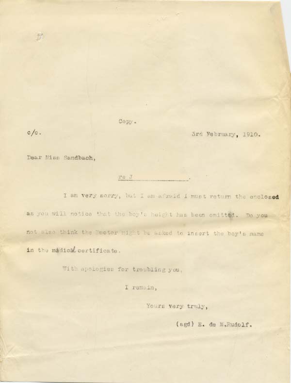 Large size image of Case 9308 12. Copy letter from Revd Edward Rudolf to the St Giles Home about minor administrative procedures  3 February 1910
 page 1