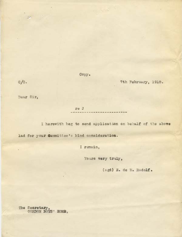 Large size image of Case 9308 14. Copy letter from Revd Edward Rudolf to the Gordon Boys Home enclosing J's application  7 February 1910
 page 1
