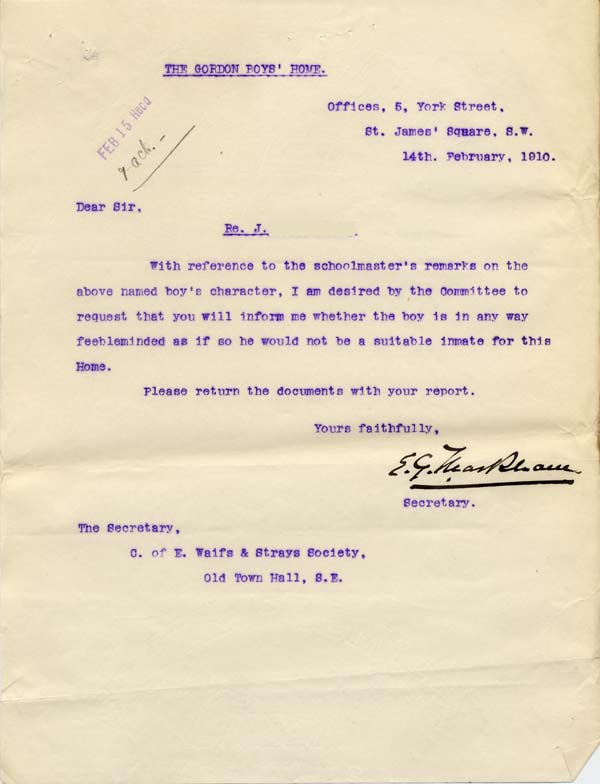 Large size image of Case 9308 15. Letter from Gordon Boys Homeasking if J. is at all (quote)feeble minded(unquote)  14 February 1910
 page 1