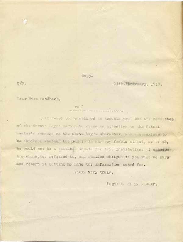 Large size image of Case 9308 16. Copy letter from Revd Edward Rudolf to the St Giles Home asking them to clarify the information given on J's form  15 February 1910
 page 1
