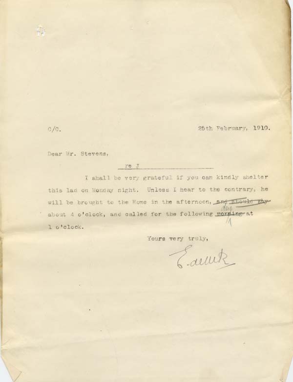 Large size image of Case 9308 19. Copy letter from Revd Edward Rudolf to the Islington Home asking them to look after J. for one night on his way to Woking  25 February 1910
 page 1