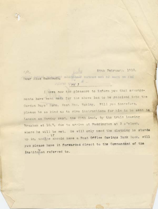 Large size image of Case 9308 20. Copy letter from Revd Edward Rudolf to the St Giles Home about travel arrangements for J.  25 February 1910
 page 1